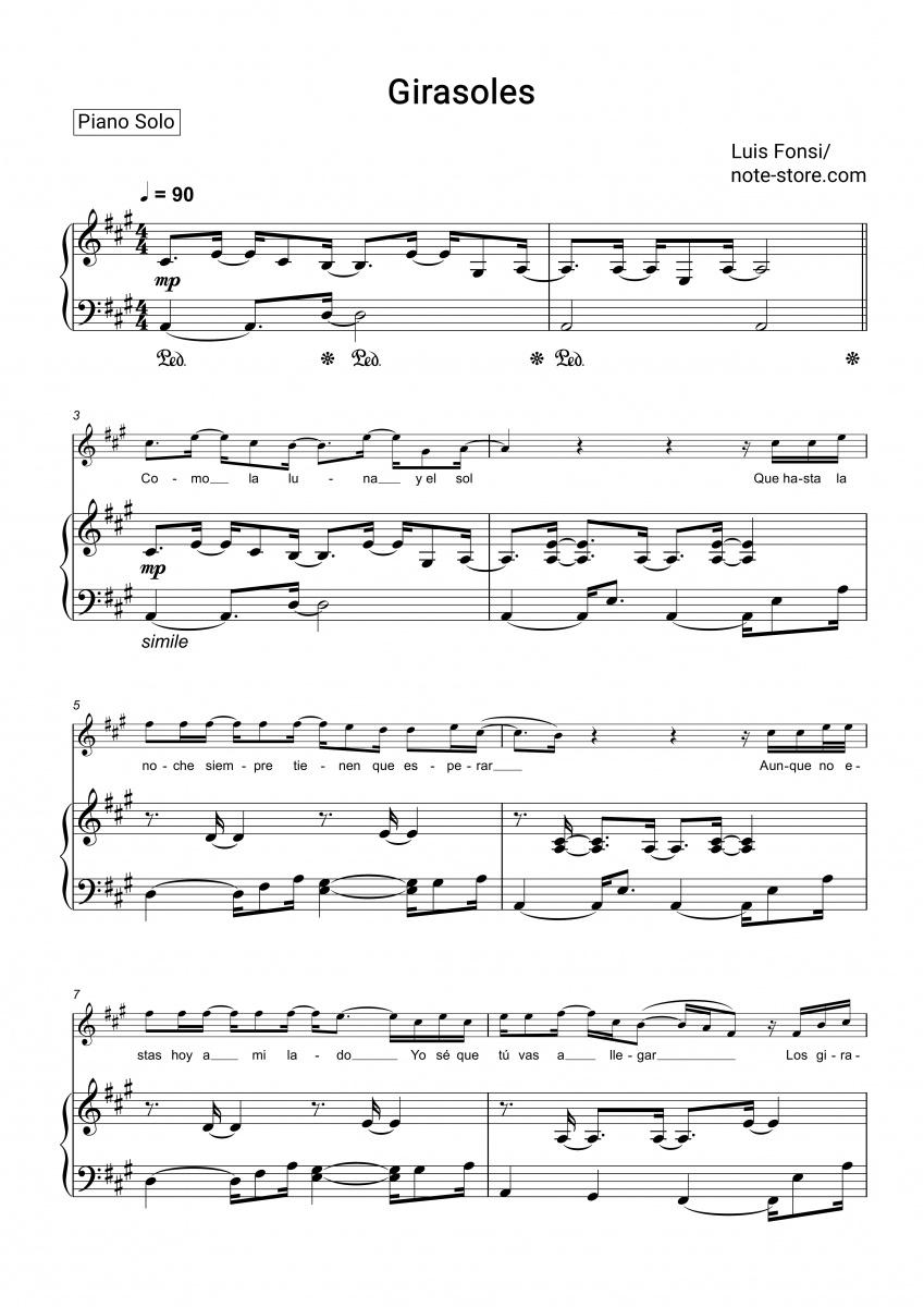 Girasoles - Luis Fonsi Piano Sheet Music with the Voice part - Piano&Vocal