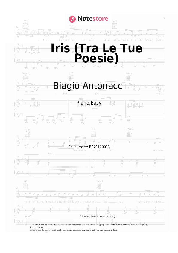 Iris (Tra Le Tue Poesie) - Biagio Antonacci Piano Sheet Music Easy - Piano.Easy