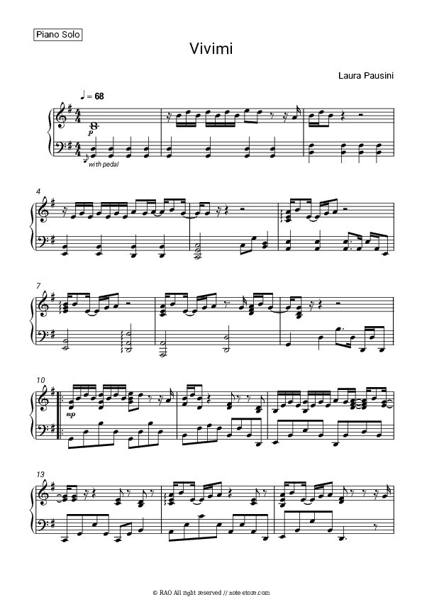 Vivimi - Laura Pausini Piano Sheet Music - Piano.Solo