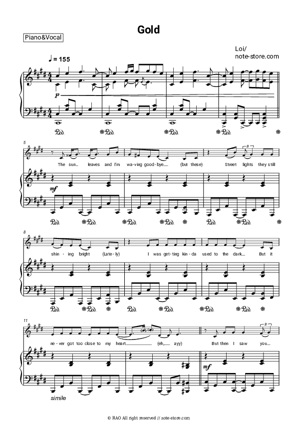 Gold - Loi Piano Sheet Music with the Voice part - Piano&Vocal