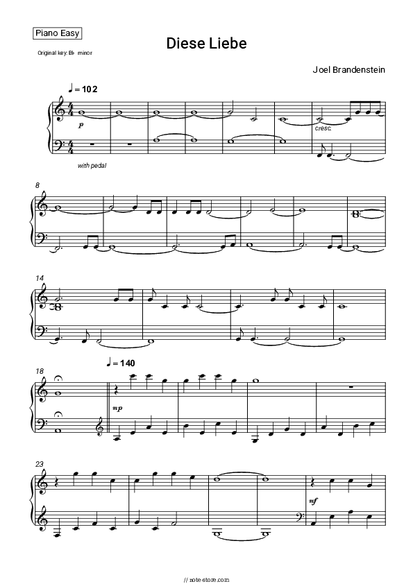Diese Liebe - Joel Brandenstein Piano Sheet Music Easy - Piano.Easy