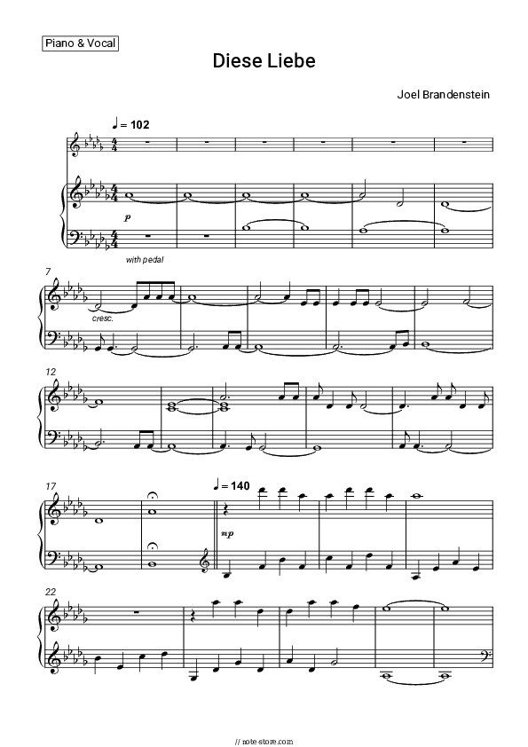 Diese Liebe - Joel Brandenstein Piano Sheet Music with the Voice part - Piano&Vocal