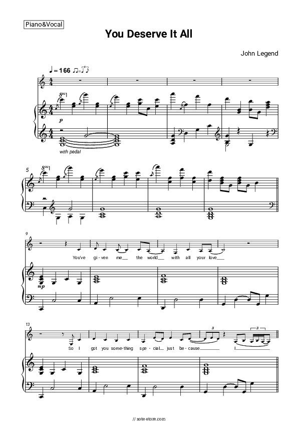 You Deserve It All - John Legend Piano Sheet Music with the Voice part - Piano&Vocal