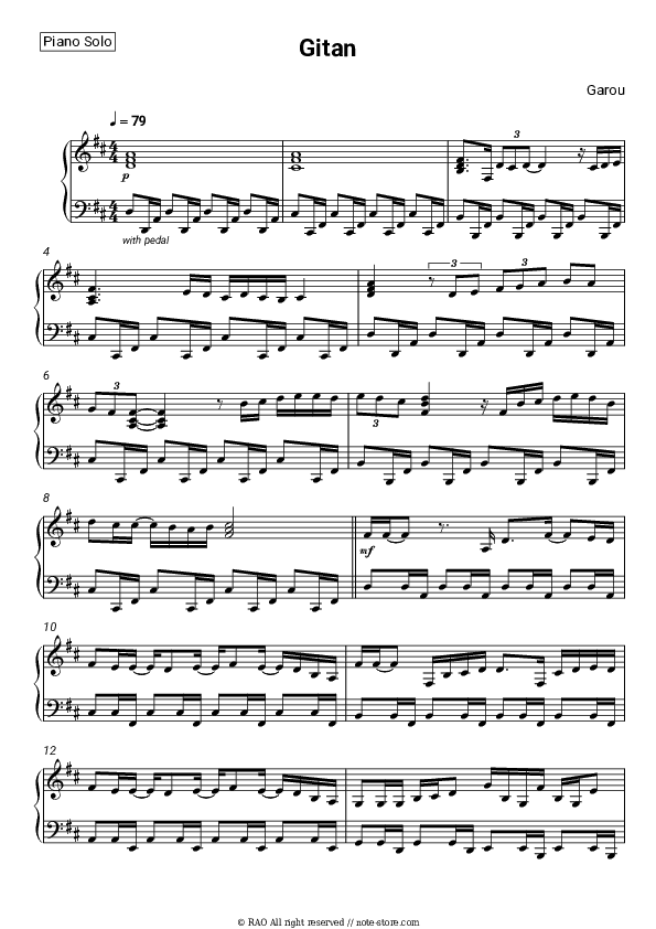 Gitan - Garou Piano Sheet Music - Piano.Solo