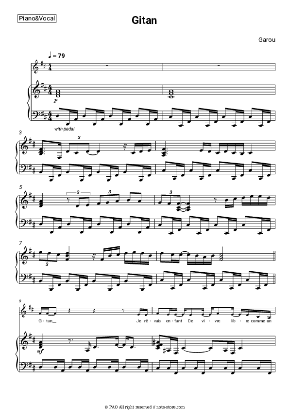 Gitan - Garou Piano Sheet Music with the Voice part - Piano&Vocal