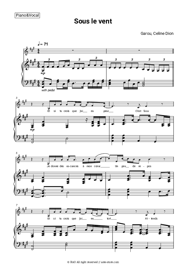 Sous le vent - Garou, Celine Dion Piano Sheet Music with the Voice part - Piano&Vocal