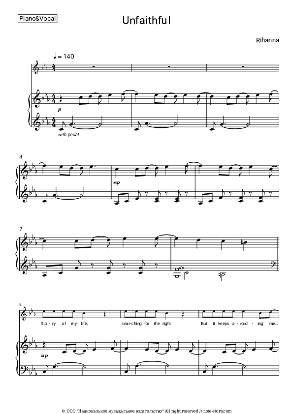 Unfaithful - Rihanna Piano Sheet Music with the Voice part - Piano&Vocal