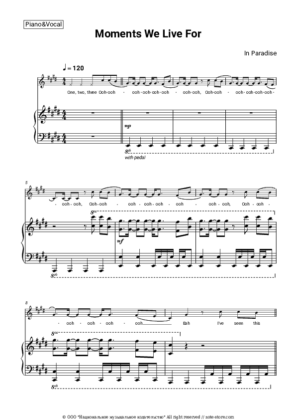 Moments We Live For - In Paradise Piano Sheet Music with the Voice part - Piano&Vocal