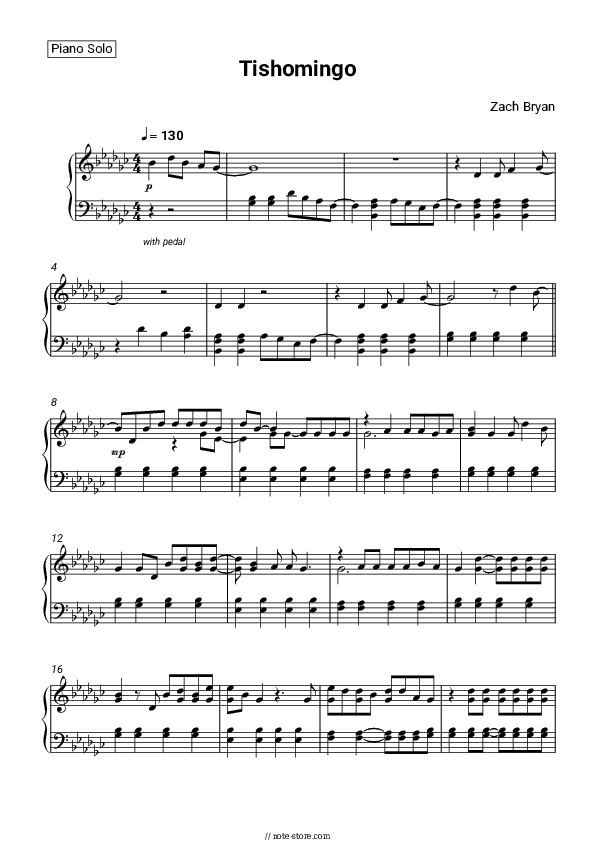 Tishomingo - Zach Bryan Piano Sheet Music - Piano.Solo