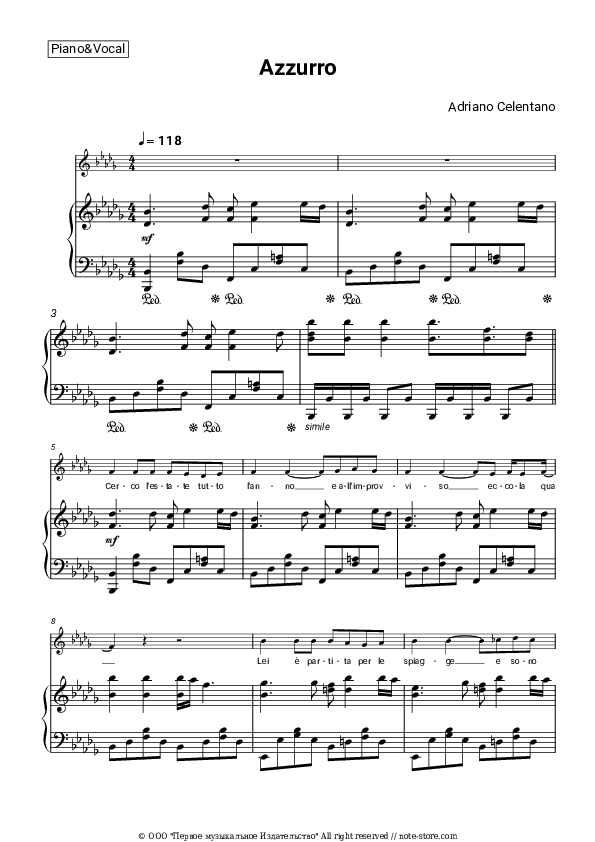 Azzurro - Adriano Celentano Piano Sheet Music with the Voice part - Piano&Vocal