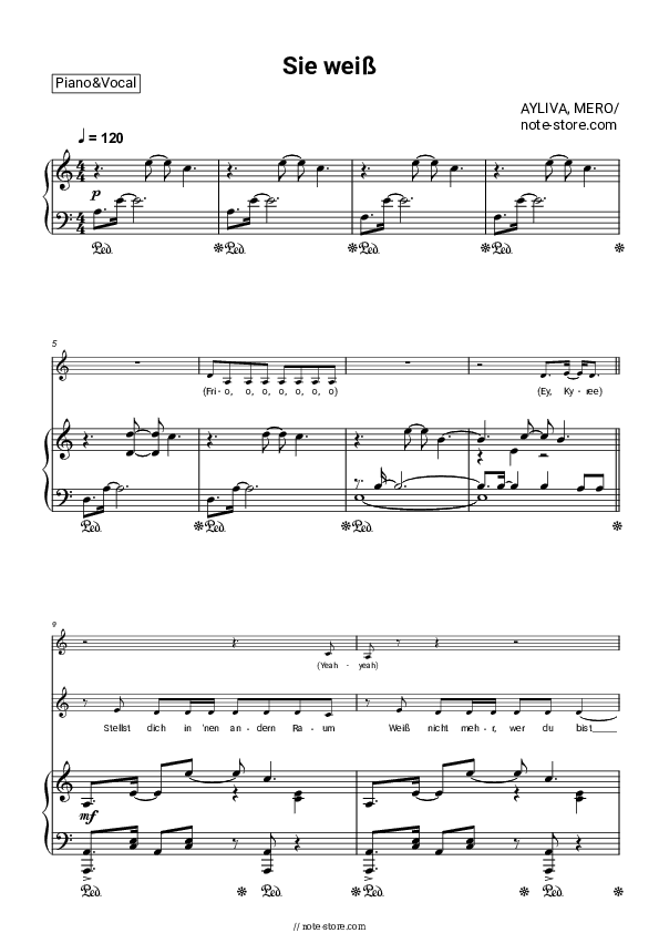 Sie weiß - AYLIVA, MERO Piano Sheet Music with the Voice part - Piano&Vocal