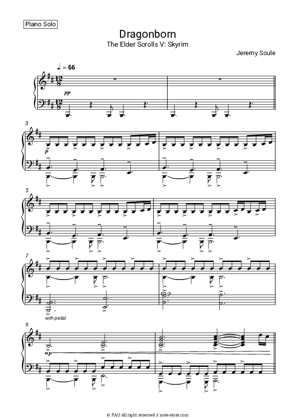 Skyrim Main Theme - Jeremy Soule Piano Sheet Music - Piano.Solo