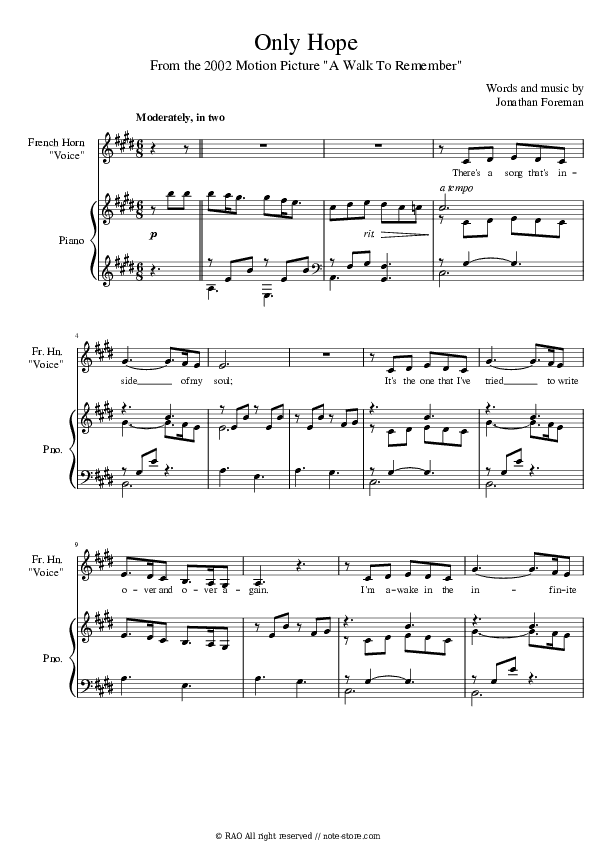 Only Hope - Mandy Moore Piano Sheet Music with the Voice part - Piano&Vocal