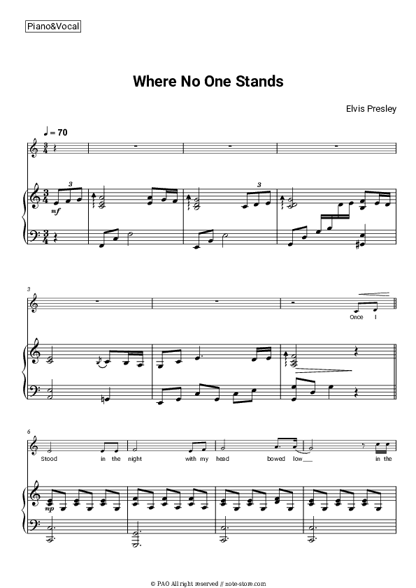 Where No One Stands Alone - Elvis Presley Piano Sheet Music with the Voice part - Piano&Vocal