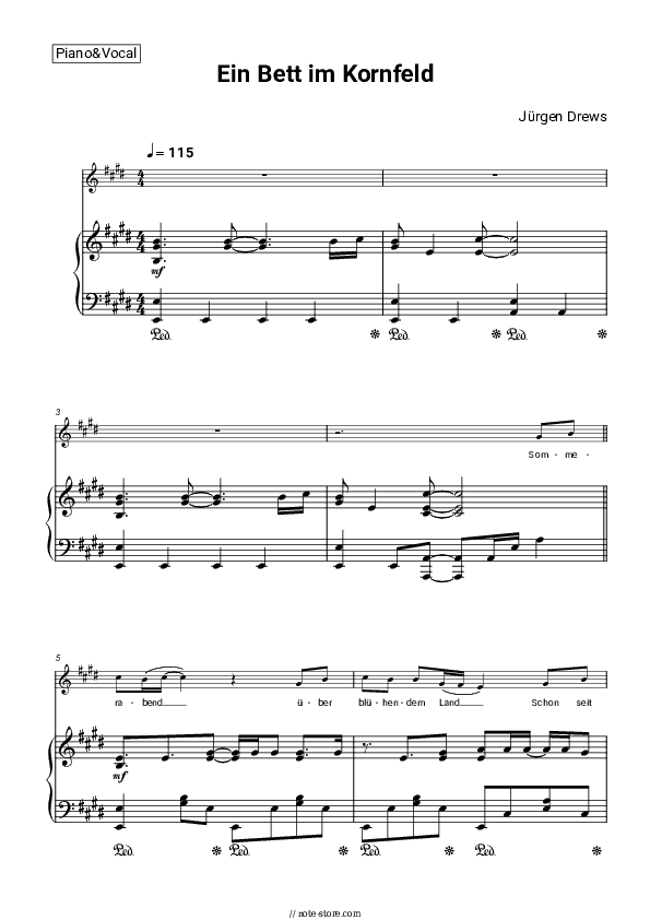 Ein Bett im Kornfeld - Jürgen Drews Piano Sheet Music with the Voice part - Piano&Vocal