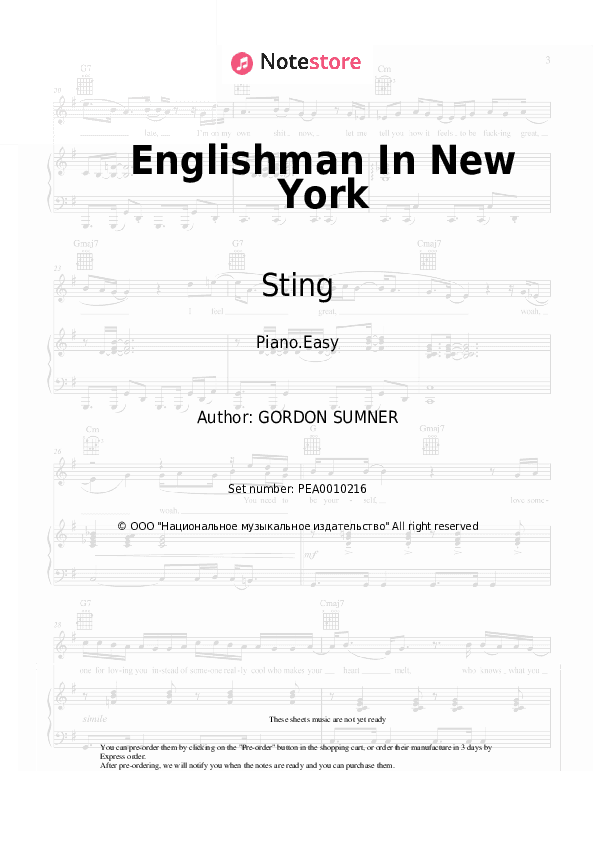 Englishman In New York - Sting Piano Sheet Music Easy - Piano.Easy