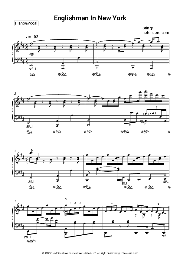 Englishman In New York - Sting Piano Sheet Music with the Voice part - Piano&Vocal