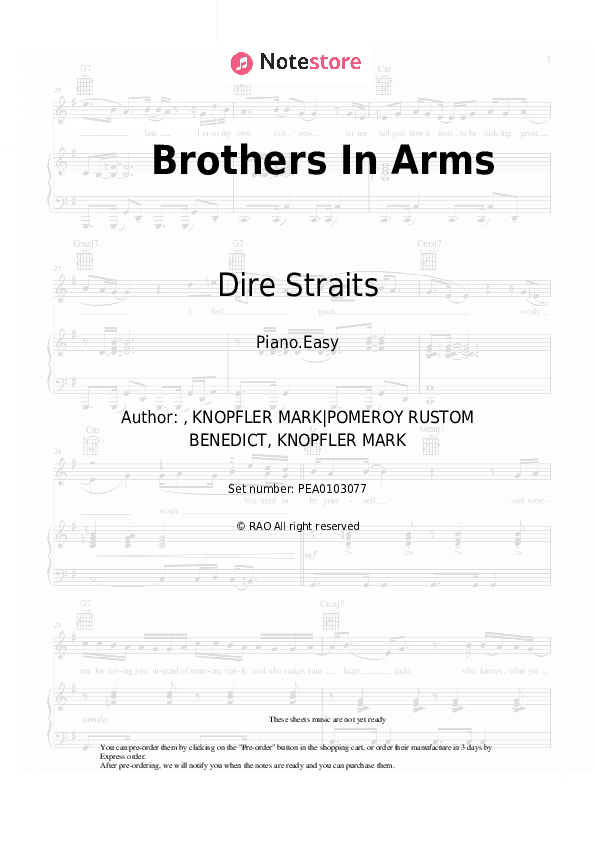 Brothers In Arms - Dire Straits Piano Sheet Music Easy - Piano.Easy