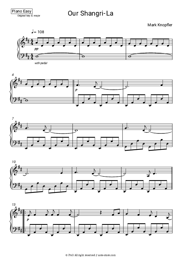 Our Shangri-La - Mark Knopfler Piano Sheet Music Easy - Piano.Easy