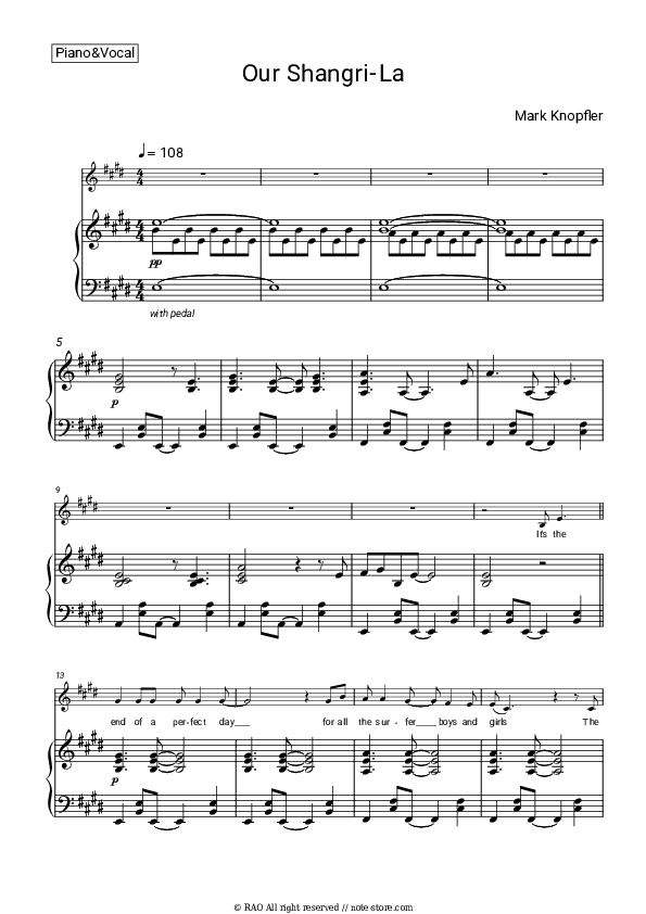 Our Shangri-La - Mark Knopfler Piano Sheet Music with the Voice part - Piano&Vocal