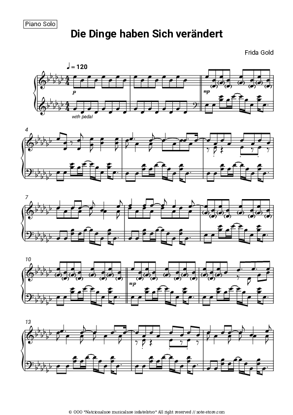 Die Dinge haben sich verändert - Frida Gold Piano Sheet Music - Piano.Solo