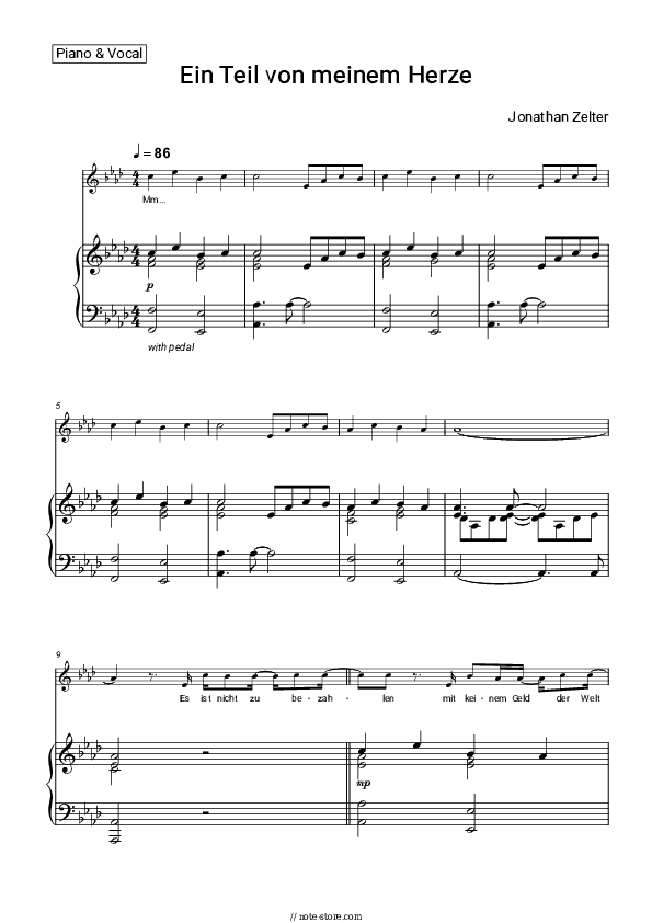 Ein Teil von meinem Herzen - Jonathan Zelter Piano Sheet Music with the Voice part - Piano&Vocal
