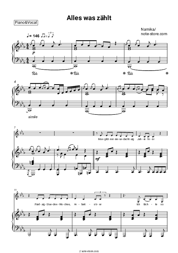 Alles was zählt - Namika Piano Sheet Music with the Voice part - Piano&Vocal