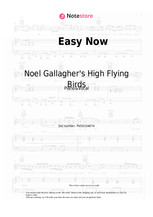 Easy Now - Noel Gallagher's High Flying Birds Piano Sheet Music with the Voice part - Piano&Vocal