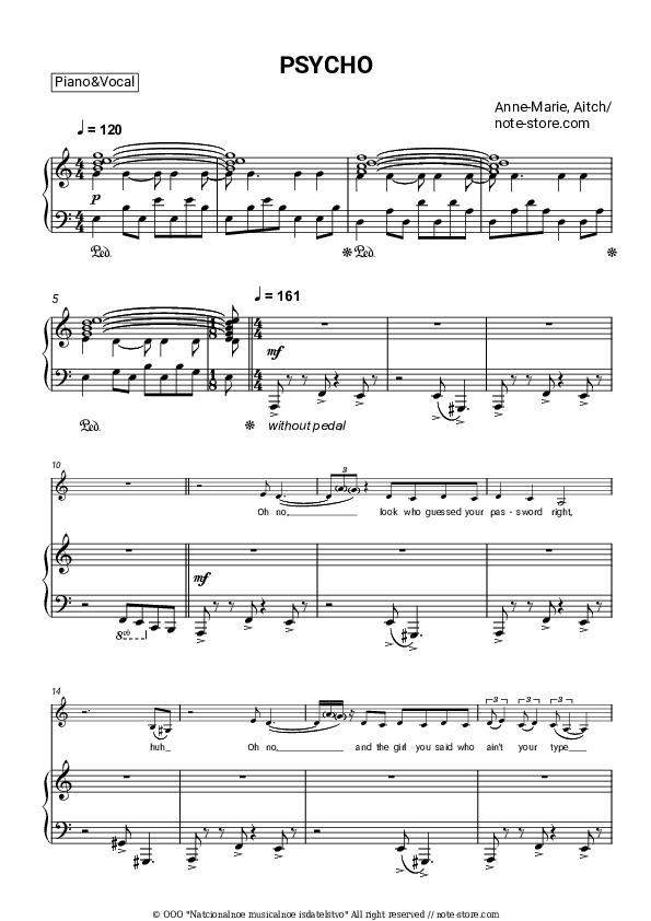 PSYCHO - Anne-Marie, Aitch Piano Sheet Music with the Voice part - Piano&Vocal