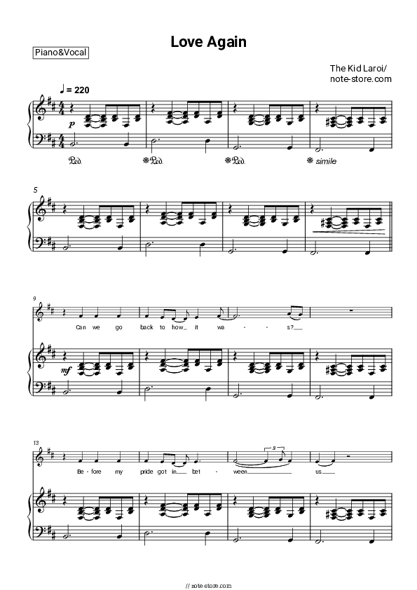 Love Again - The Kid Laroi Piano Sheet Music with the Voice part - Piano&Vocal