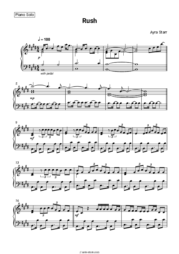 Rush - Ayra Starr Piano Sheet Music - Piano.Solo