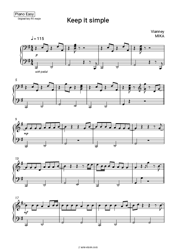 Keep it Simple - Vianney, MIKA Piano Sheet Music Easy - Piano.Easy