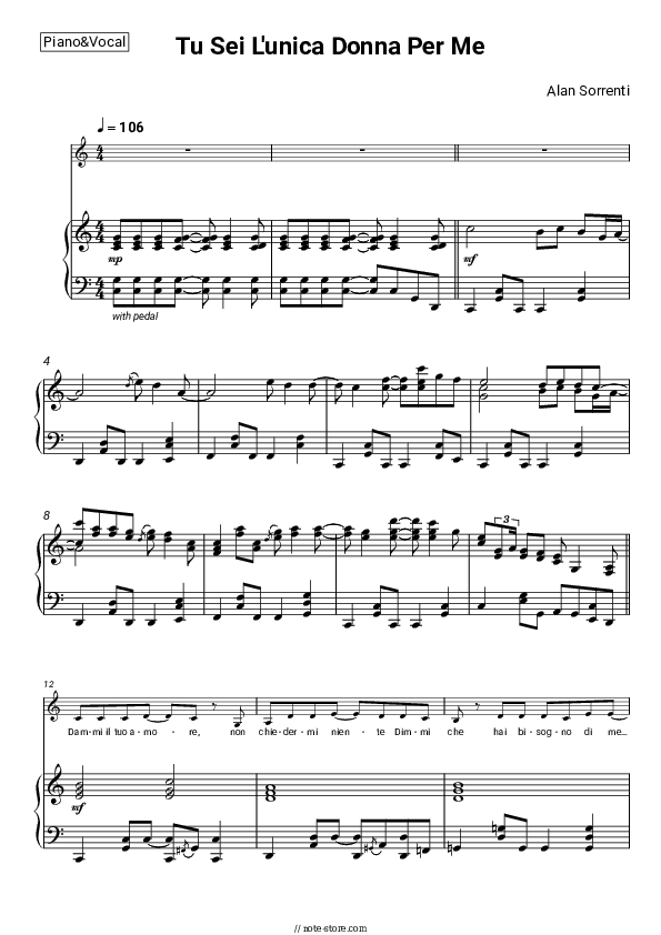 Tu Sei L'unica Donna Per Me - Alan Sorrenti Piano Sheet Music with the Voice part - Piano&Vocal