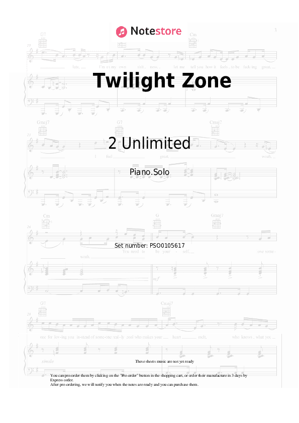 Twilight Zone - 2 Unlimited Piano Sheet Music - Piano.Solo