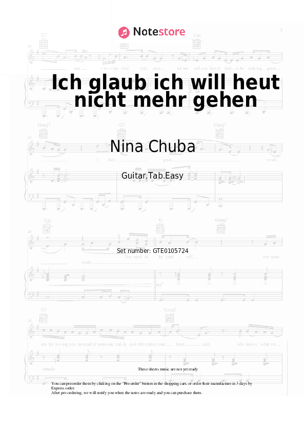 Ich glaub ich will heut nicht mehr gehen - Nina Chuba, Provinz Tabs Easy - Guitar.Tab.Easy