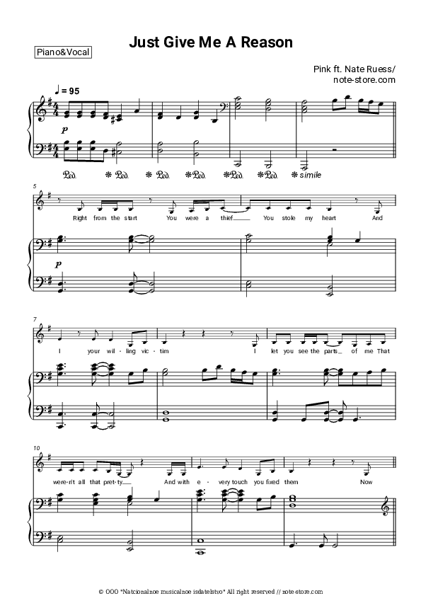 Just Give Me a Reason - P!nk Piano Sheet Music with the Voice part - Piano&Vocal