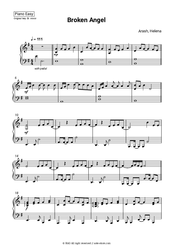 Broken Angel - Arash, Helena Piano Sheet Music Easy - Piano.Easy