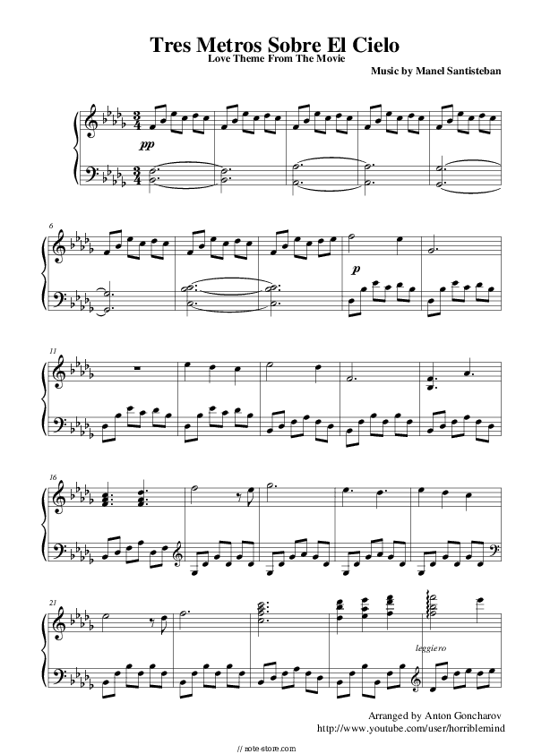 Tres Metros Sobre El Cielo - Manel Santisteban Piano Sheet Music - Piano.Solo