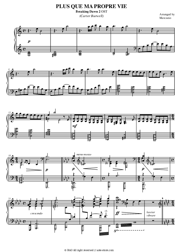 Plus que ma propre vie - Carter Burwell Piano Sheet Music - Piano.Solo