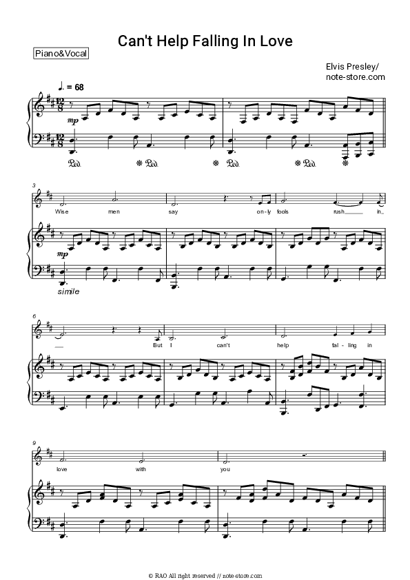 Can't Help Falling In Love - Elvis Presley Piano Sheet Music with the Voice part - Piano&Vocal