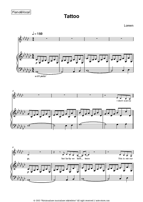 Tattoo - Loreen Piano Sheet Music with the Voice part - Piano&Vocal