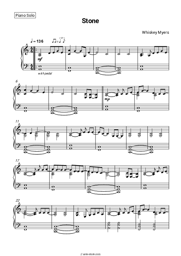 Stone - Whiskey Myers Piano Sheet Music - Piano.Solo
