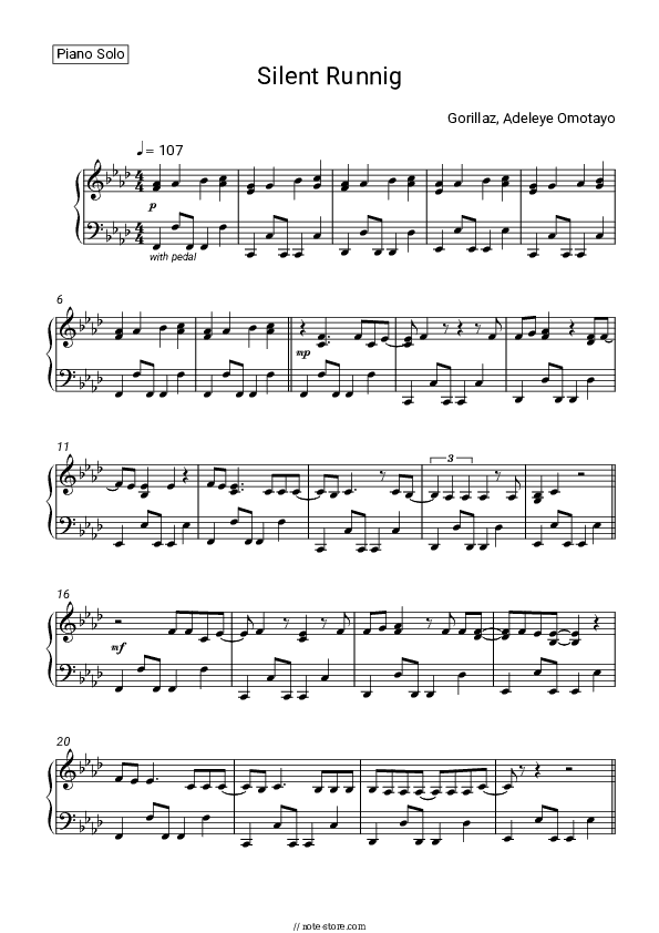 Silent Running - Gorillaz, Adeleye Omotayo Piano Sheet Music - Piano.Solo