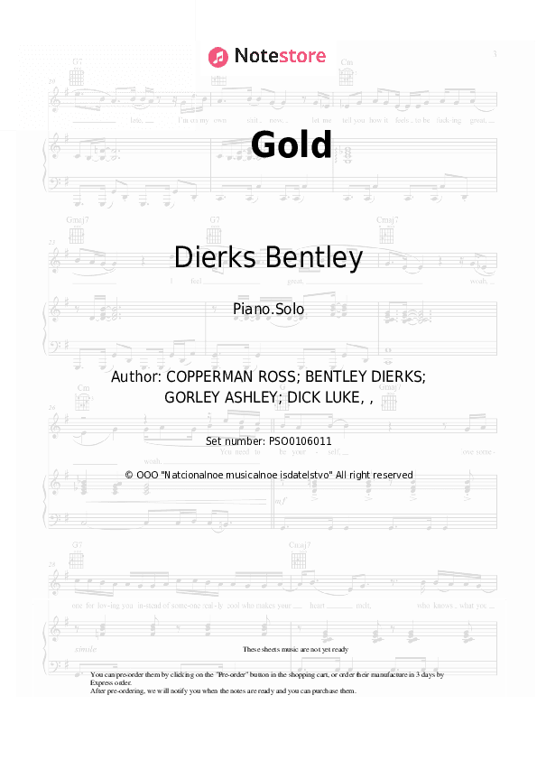 Gold - Dierks Bentley Piano Sheet Music - Piano.Solo