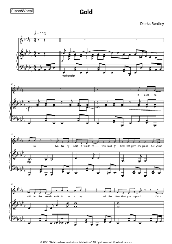 Gold - Dierks Bentley Piano Sheet Music with the Voice part - Piano&Vocal