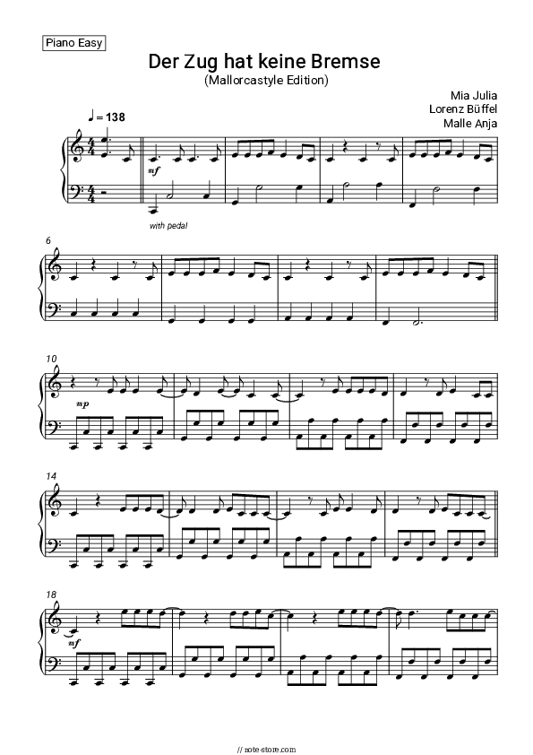 Der Zug hat keine Bremse (Mallorcastyle Edition) - Mia Julia, Lorenz Büffel, Malle Anja Piano Sheet Music Easy - Piano.Easy