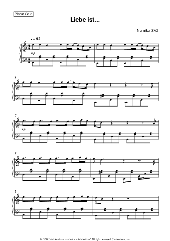 Liebe ist... - Namika, ZAZ Piano Sheet Music - Piano.Solo