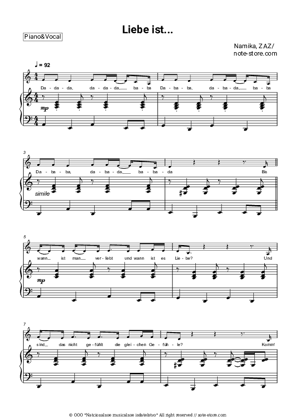 Liebe ist... - Namika, ZAZ Piano Sheet Music with the Voice part - Piano&Vocal