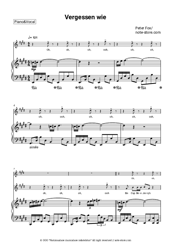 Vergessen wie - Peter Fox Piano Sheet Music with the Voice part - Piano&Vocal