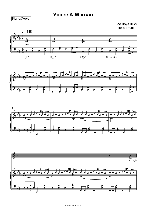 You're A Woman - Bad Boys Blue Piano Sheet Music with the Voice part - Piano&Vocal